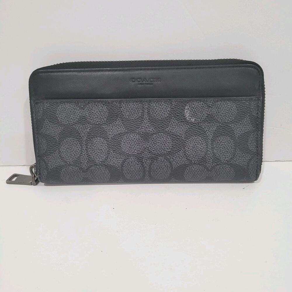 Coach Leather Wallet Black Gray‎ Graphite Zip Around Large Clutch Classic Fair
